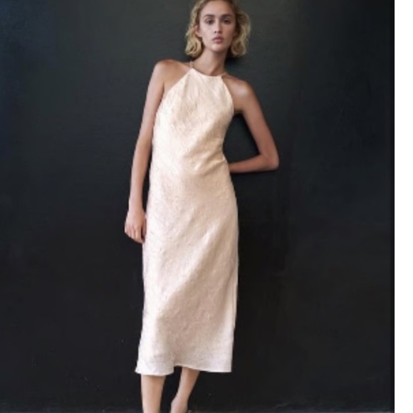 Zara Womens Midi Dress Wrinkled Look Beaded Beige Pink Large - Picture 3 of 12